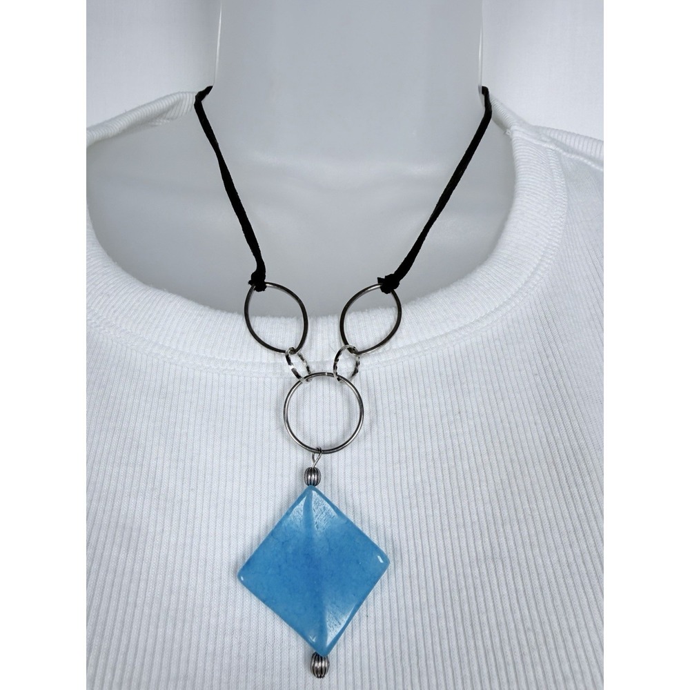 Handmade Turquoise Pendant Necklace Black Cord Silver Tone Geometric Boho 11"